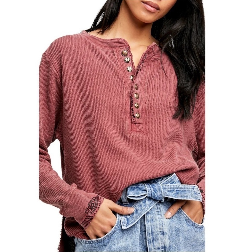 Free People We the Free Fall for You Henley Thermal Cranberry Burgundy XS